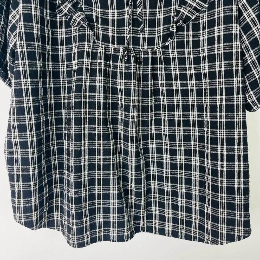 Loft black white plaid ruffle preppy cottagecore popover top large